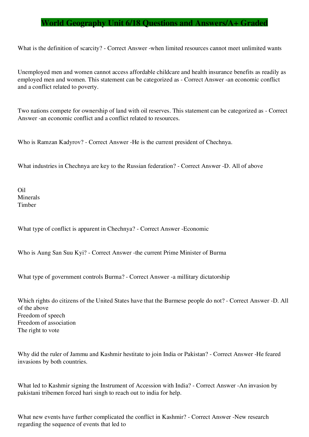 Preview image for World Geography Unit 6/18 Questions and Answers/A+ Graded